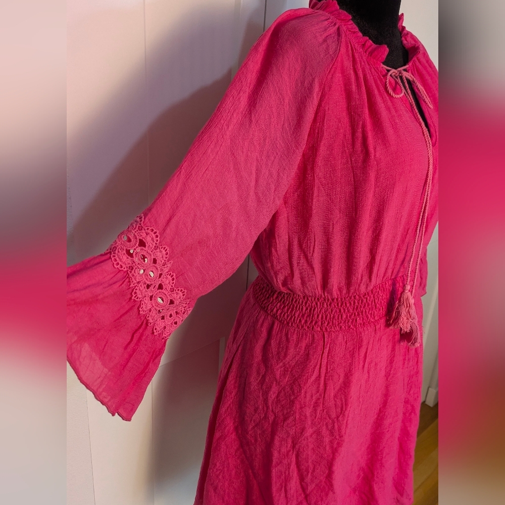 Fuchsia Pink Smocked Poplin Lace Embroidered Mini Dress Pullover Sz L - Picture 6 of 14